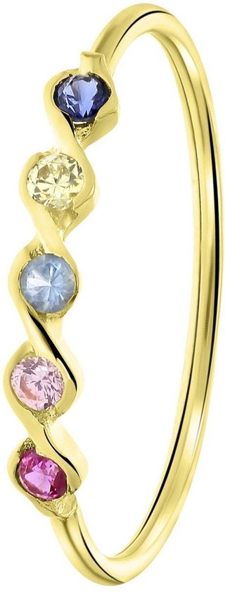 Lucardi Dames Ring 5 multicolor zirkonia's - Ring - Cadeau - 14 Karaat Goud - Geelgoud