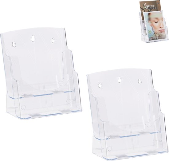 2 x folderhouder A4 / DIN large, 2 etages, acryl, folderbakje voor tafel & muur, HBD 27.5x24x15 cm, doorzichtig