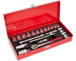 Doppenset 24-delig (¾ inch Opname) – Met Ratel, T-Schuif & Kardangewricht | Inclusief Verlengstukken, Bougiedoppen (16 & 21 mm) – Metalen Koffer – Duurzaam & Compleet
