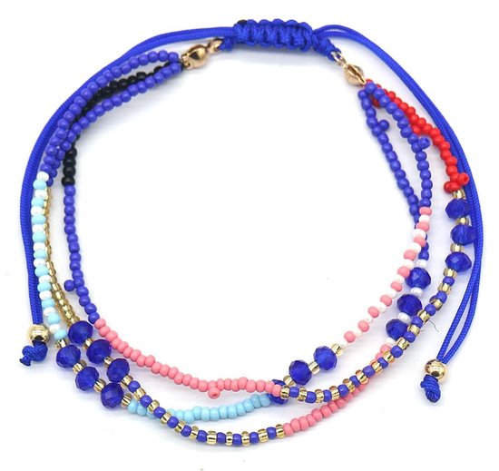 Bracelet Femme - 3 Couches - Cordon avec Perles - Longueur Réglable - Blauw - Dielay