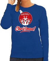 Rendier Kerstbal sweater / Kersttrui Merry Christmas blauw voor dames - Kerstkleding / Christmas outfit M