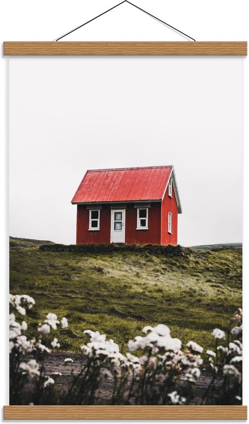 Schoolplaat – Rood huisje op de Bergen - 40x60cm Foto op Textielposter (Wanddecoratie op Schoolplaat)