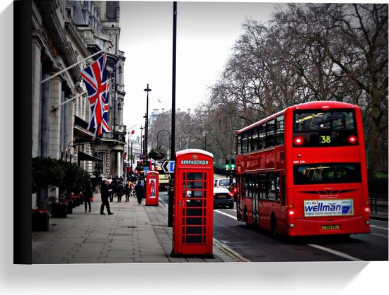Canvas  - Rode Bus en Telefooncel in Londen - 40x30cm Foto op Canvas Schilderij (Wanddecoratie op Canvas)