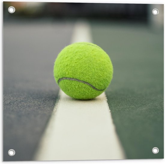 Tuinposter – Tennisbal op Witte Lijn - 50x50cm Foto op Tuinposter  (wanddecoratie voor buiten en binnen)