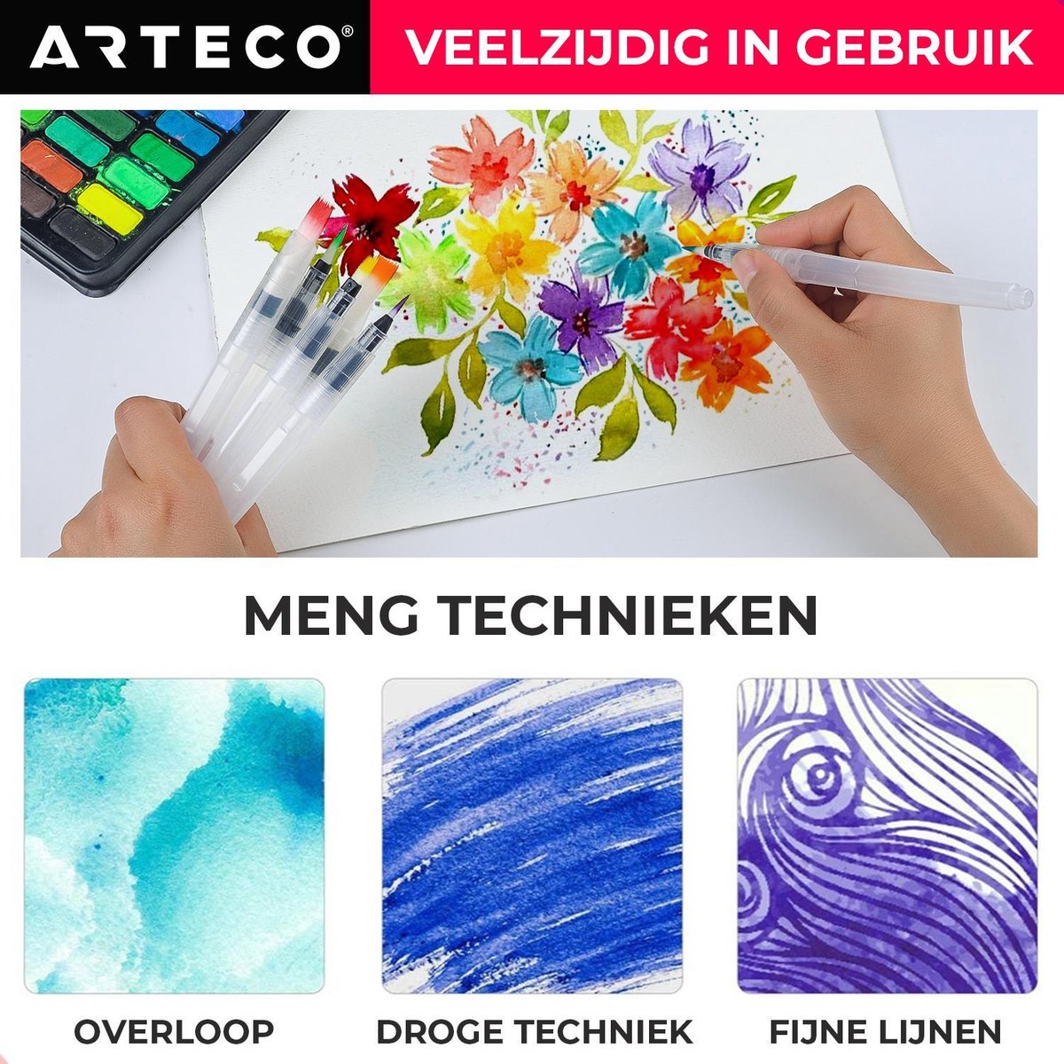 ARTECO® Set 6 Stuks Waterbrush Pennen (3 Punt + 3 Plat) - Navulbaar Penseel – Brushlettering & Kalligrafie — afbeelding 6