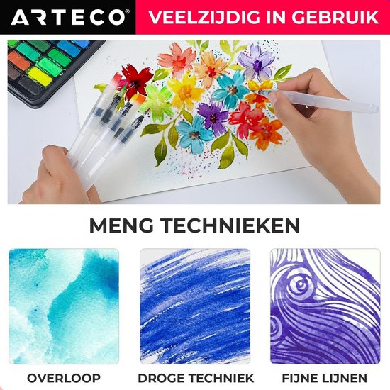 ARTECO® Set 6 Stuks Waterbrush Pennen (3 Punt + 3 Plat) - Navulbaar Penseel – Brushlettering & Kalligrafie