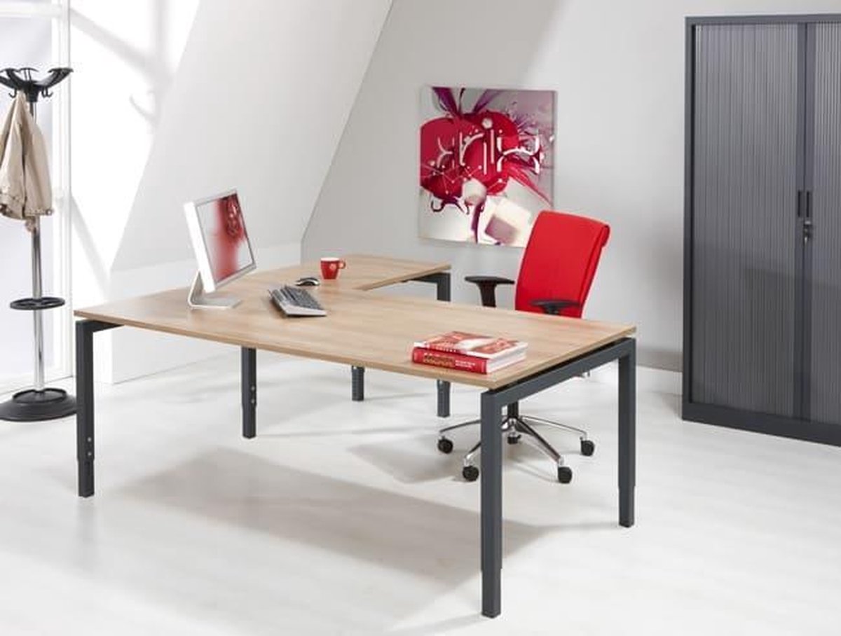 ABC Kantoormeubelen Hoogte verstelbaar hoekbureau Kubus breed 180CM diep 160CM bladkleur Beuken framekleur Antraciet (Ral 7016) wingzijde Rechts Antraciet (Ral 7016)/Beuken