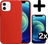 Hoesje Geschikt voor iPhone 12 Mini Hoesje Siliconen Case Hoes Met 2x Screenprotector - Hoes Geschikt voor iPhone 12 Mini Hoes Cover Case - Rood
