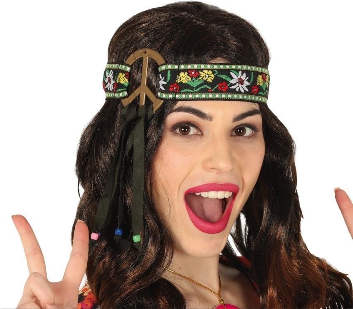 Atosa Verkleed haarband peace teken - groen - meisjes/dames - Hippie/flower Power - Guirca