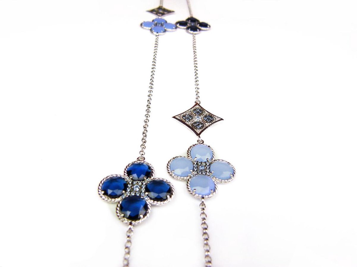Lange zilveren collier halsketting Model Sugary Sweetness gezet met blauwe stenen