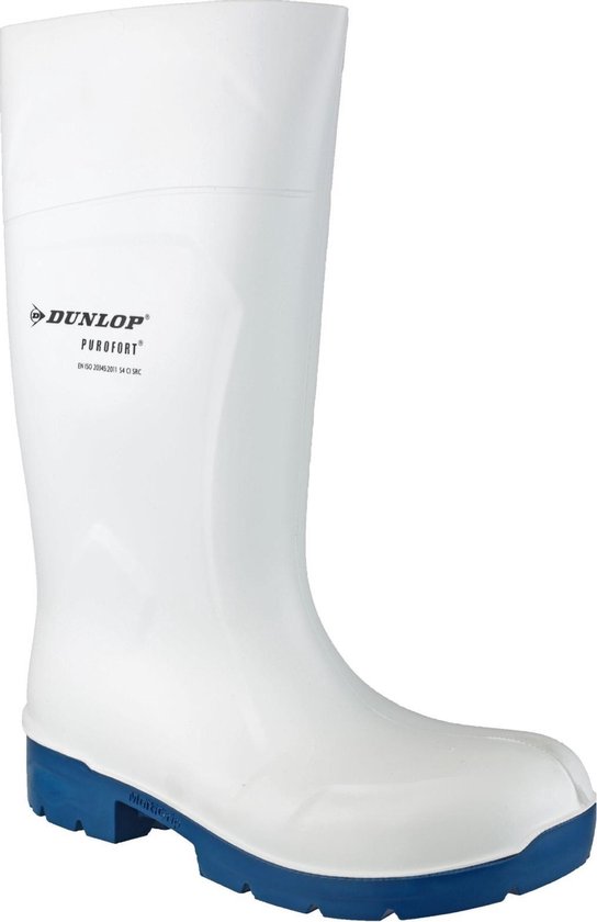 Witte Dunlop Purofort veiligheidslaars met blauwe zool.