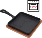 Spesely® Gietijzeren pan met handvat en bamboe onderzetter - vierkant- 14x14cm - ovenbestendig max 230°C