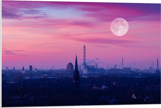Forex - Paars Roze Lucht met Maan boven Stad - 90x60cm Foto op Forex
