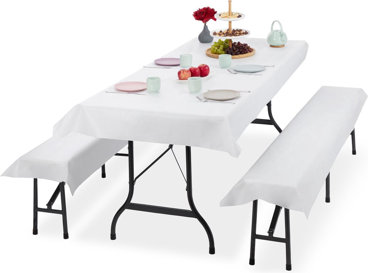 Relaxdays tafelkleed biertafel en banken - hoezen set biertent - 250 x 100 cm - tafellaken - wit