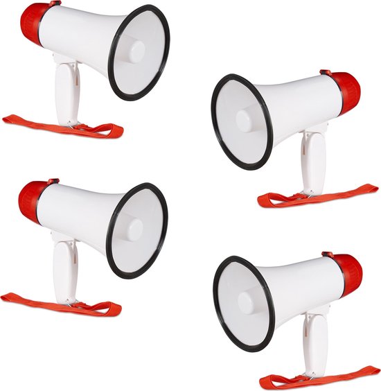Relaxdays 4 x megafoon grappig - megaphone kunststof - wit-rood - stemversterker - 10 watt