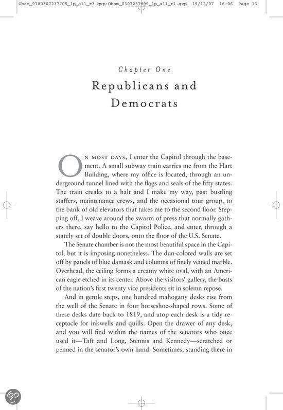 Tekstpagina uit "The Audacity of Hope", Hoofdstuk Een "Republicans and Democrats", Pagina 13.