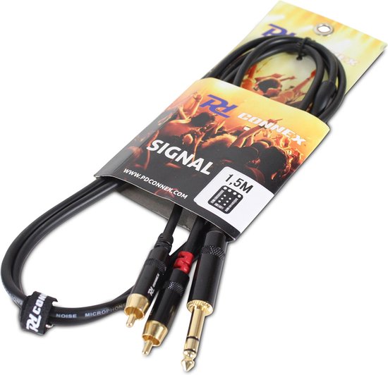 PD Connex signaalkabel van 1,5 meter met 6,3mm jack- en 2 RCA-stekkers, in verpakking met publiek.
