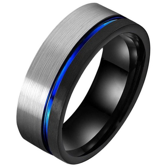 Wolfraam heren ring Groef Zilverkleurig Zwart Blauw-18mm