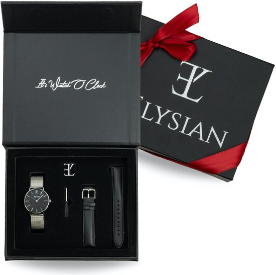 Elysian - Horloge Geschenkset Vrouwen - Zilveren mesh horloge geschenkdoos met leren horlogebandje - Roestvrij Staal - Cadeau Voor Vrouw