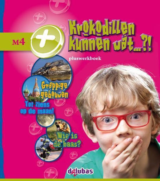 Voorpagina van 'Krokodillen kunnen wat?!' pluswerkboek met jongen met rode bril, krokodil, maan en gebouw.