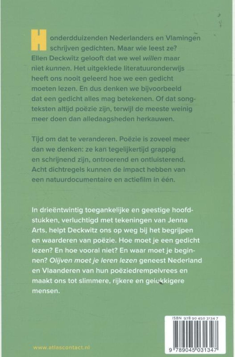 Achterkant van het boek 'Olijven moet je leren lezen' met tekst over poëzie.
