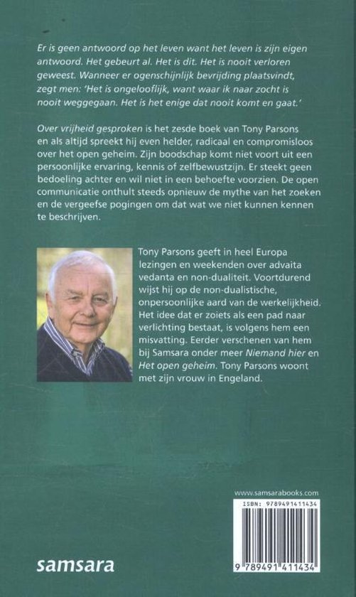 Achterkant van het boek 'Over vrijheid gesproken' van Tony Parsons, met een foto van de auteur.