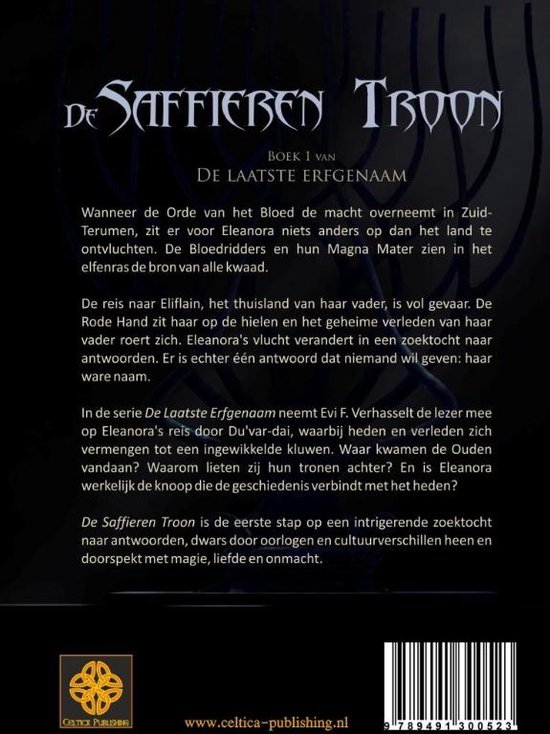 Achterkant boek 'De Saffieren Troon', boek 1 van 'De Laatste Erfgenaam'.
