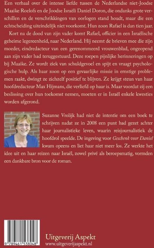 Achterkant boek 'Geschenk voor Daniel' met tekst en foto van Suzanne Vrolijk.