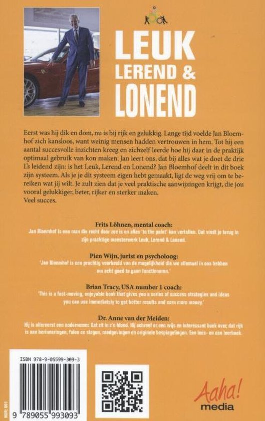 Achterkant boek 'Leuk, Lerend & Lonend' met een foto van Jan Bloemhof bij een rode sportauto.