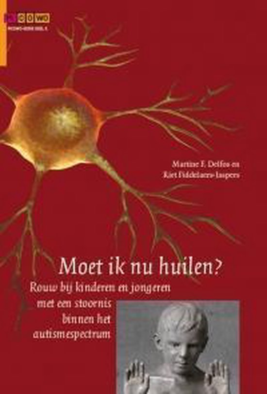 Boekomslag met een rode achtergrond. Centraal staat een afbeelding van een neuron. Onderaan een tekst "Moet ik nu huilen? Rouw bij kinderen en jongeren met een stoornis binnen het autismespectrum". Rechtsonder een foto van een jongen met uitgestoken handen.