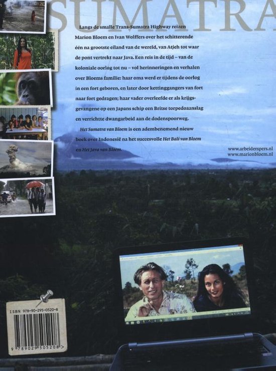 Bovenaan een foto van een vrouw in een rode jurk, dan een orang-oetan, dan kinderen aan tafel, dan een vrouw op een olifant, en onderaan een laptop met een foto van een man en vrouw.