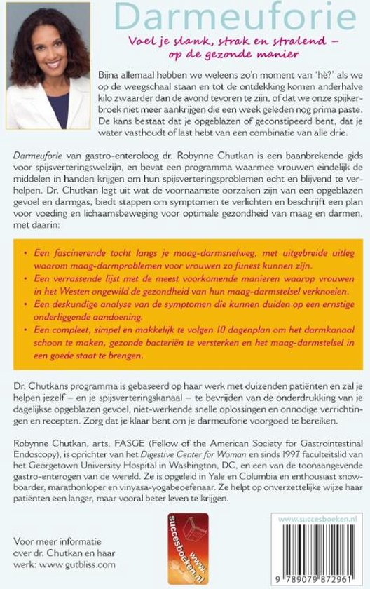 Boekomslag 'Darmeuforie'. Titel bovenaan, met foto van Robynne Chutkan in witte doktersjas. Tekst over het 10-dagenplan.
