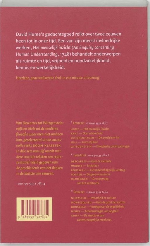Boek achterkant, rode kaft met gele tekst over David Hume's 'An Enquiry concerning Human Understanding'.