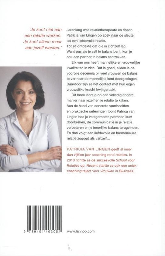 Achterkant van een boek met een foto van Patricia van Lingen, reliëfterapiste en coach, met tekst over het boek.
