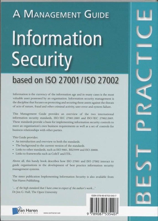 Een Management Guide: Information Security gebaseerd op ISO 27001/ISO 27002. Met de tekst 'BEST PRACTICE' op de zijkant.