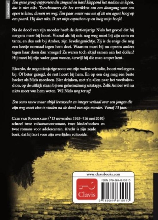 Achterkant boek met tekst over het verhaal en de auteur Cees van Roosmalen.