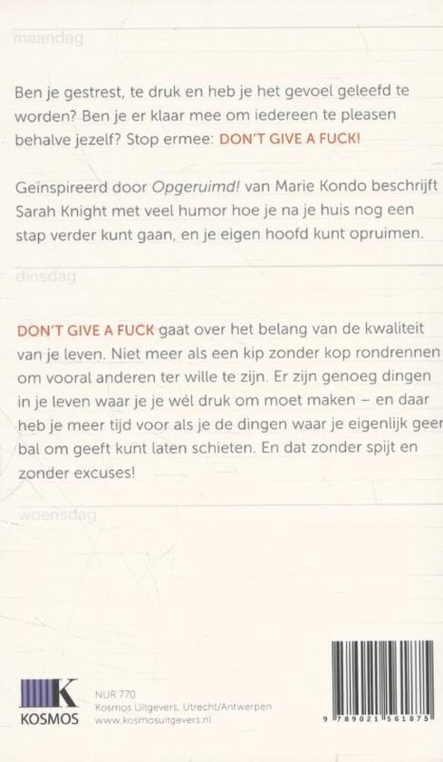Achterkant van het boek "DON'T GIVE A FUCK" van Sarah Knight. Bevat tekst in het Nederlands en een barcode.