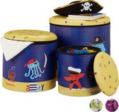 relaxdays poef kind - opberg poef - 3 stuks - poefs met opbergruimte - speelgoedkist piraat