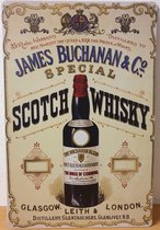 James Buchanan Scotch Whisky Reclamebord van metaal METALEN-WANDBORD - MUURPLAAT - VINTAGE - RETRO - HORECA- BORD-WANDDECORATIE -TEKSTBORD - DECORATIEBORD - RECLAMEPLAAT - WANDPLAAT - NOSTALGIE -CAFE- BAR -MANCAVE- KROEG- MAN CAVE