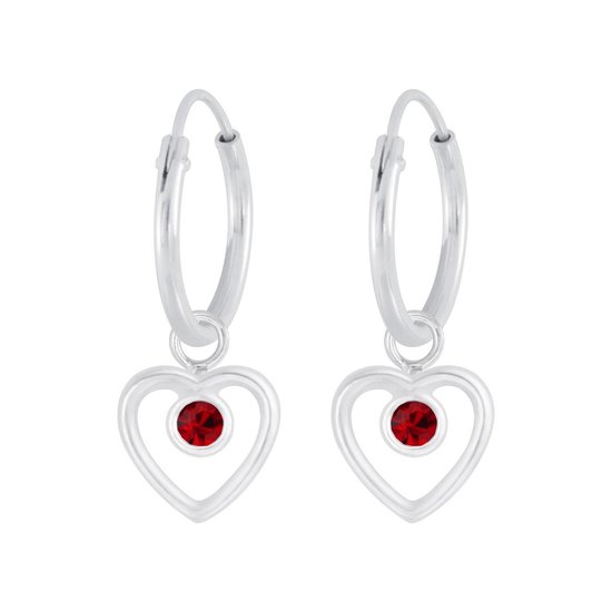 Zilver 12mm oorringen hart hanger met zirkonia rood | hartje oorbellen dames zilver | Heart Ear hoops | zilverana