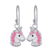 Oorbellen kinderen | Eenhoorn oorbellen | Zilveren oorhangers, eenhoornhoofden met roze glittermanen | WeLoveSilver