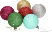 6x Gekleurde glitter kerstballen van piepschuim 6 cm - Kerstboomversiering - Kerstversiering/kerstdecoratie