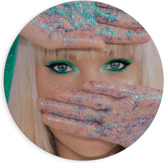 Dibond Wandcirkel - Groene Make-up en Glitters - Foto op Aluminium Wandcirkel (met ophangsysteem)