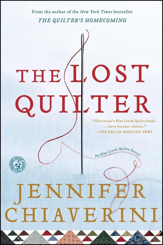 Couverture du livre "The Lost Quilter" avec une aiguille et du fil rouge, le titre et l'auteur Jennifer Chiaverini.