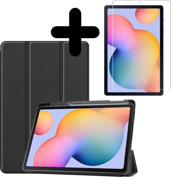 Hoes Geschikt voor Samsung Galaxy Tab S6 Lite Hoes Book Case Hoesje Trifold Cover Met Uitsparing Geschikt voor S Pen Met Screenprotector - Hoesje Geschikt voor Samsung Tab S6 Lite Hoesje Bookcase - Zwart