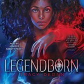 Illustratie van een jonge zwarte vrouw met krullend haar, omringd door rode en blauwe energie. De titel 'Legendborn' door Tracy Deonn staat centraal.