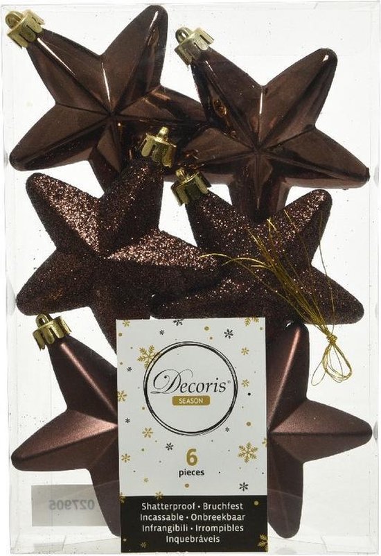 6x Donkerbruine sterren kerstballen/kersthangers 7 cm Glans/mat