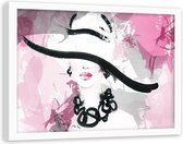 Foto in frame , Vrouw met hoed , 120x80cm , zwart wit roze , wanddecoratie