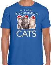 Kitten Kerstshirt / Kerst t-shirt All i want for Christmas is cats blauw voor heren - Kerstkleding / Christmas outfit L