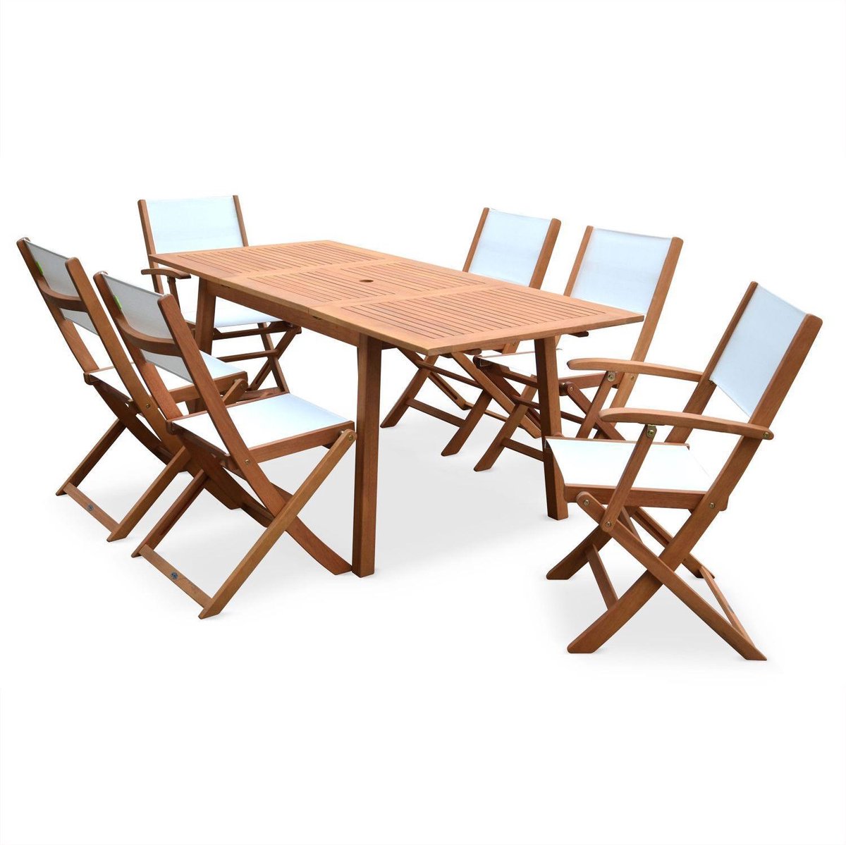 sweeek - Almeria houten tuinset, 120-180cm rechthoekige tafel, 2 fauteuils en 4 eucalyptus en textilene stoelen